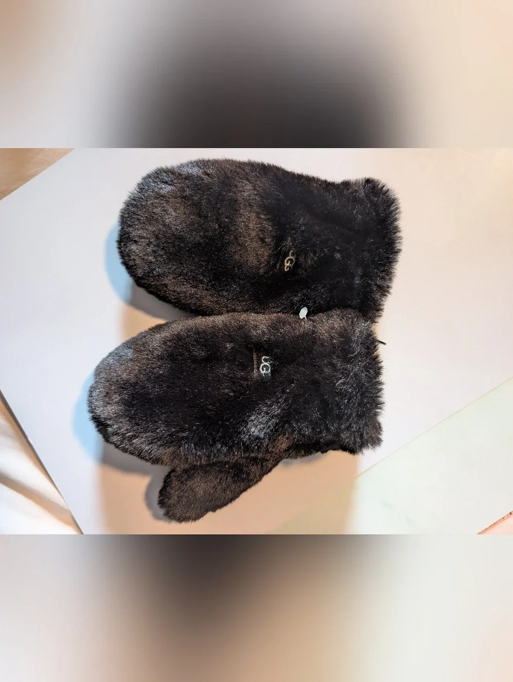 UGG Black Faux Fur Mittens with Logo Tag